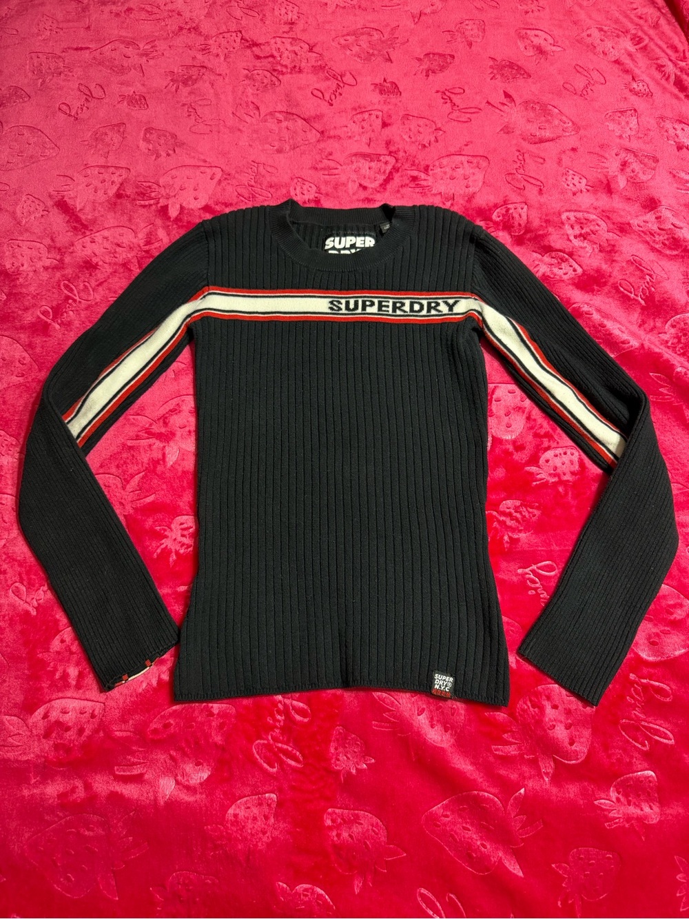 Superdry Black Ribbed Crewneck Sweater with Red and Cream Stripes